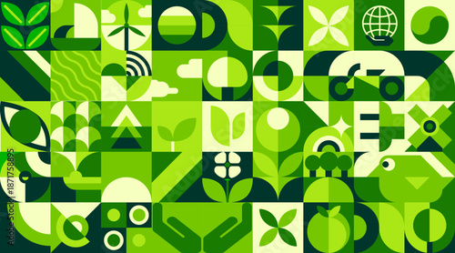 Environment ecology background with green geometric nature Bauhaus pattern. Planet Earth nature graphic Bauhaus vector pattern, clean environment pattern print. Clean ecology backdrop or background
