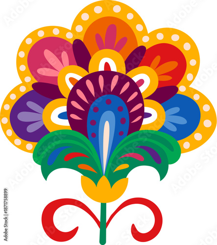 Mexican ethnic holiday abstract flower element with big colorful petals bud. Latin American culture flower element, Mexico ethnic floral vector object. Mexican nature decoration or decor