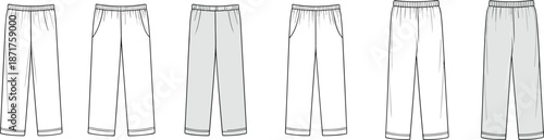 Fashion pants illustration, garment design variations, clothing template, trouser styles, textile sketch, apparel concept, fashion flat, sewing pattern, pants mockup
