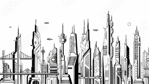 Futuristic City Skyline Drawing with Flying Vehicles.