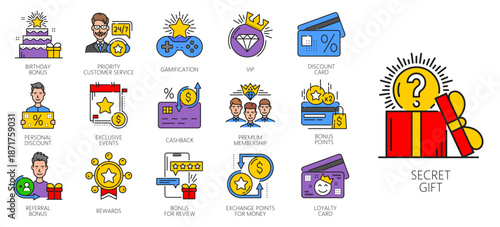 Exclusive benefit icons, gift and reward, prize and offer, loyalty and coupons vector line symbols. Customer loyalty bonus program, VIP card and discount voucher, exclusive premium membership benefits