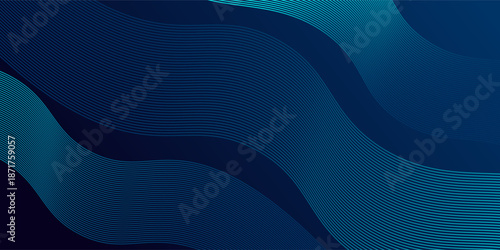 Abstract blue wave background with flowing curved lines and smooth gradients. Modern digital design featuring layered wavy patterns that create a sense of motion, depth, and rhythm