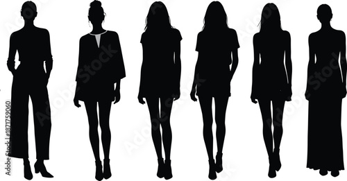 Fashion silhouette of women, stylish outfits, standing in row, black vector illustration, clothing design, model, art