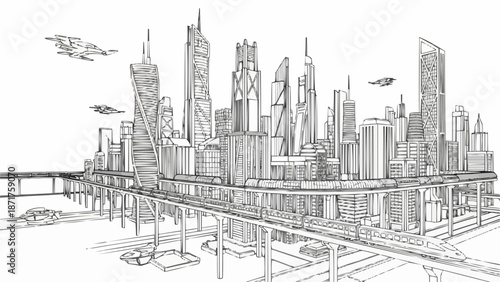Futuristic City Skyline Drawing with Flying Vehicles.