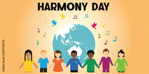 Harmony Day Celebration Illustration with Diverse People Holding Hands Around the World