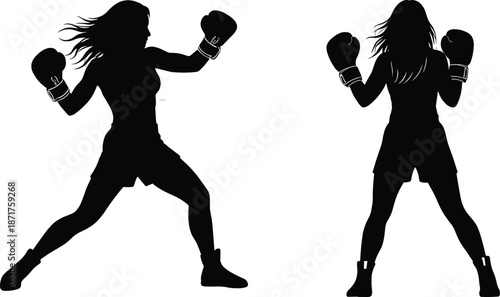 Female boxers silhouette, boxing stance, sports illustration, fitness, strength, athletic women, 