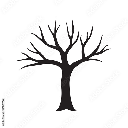 A minimalist nature illustration featuring a stylized tree silhouette vector with intricate branches and a solid trunk, designed as an eco symbol for growth in a green forest environment