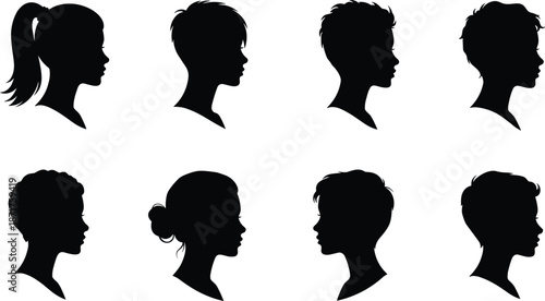 Female hairstyle silhouettes, profile head views, hair design reference, fashion and beauty concept, cad drawing flat vector illustration