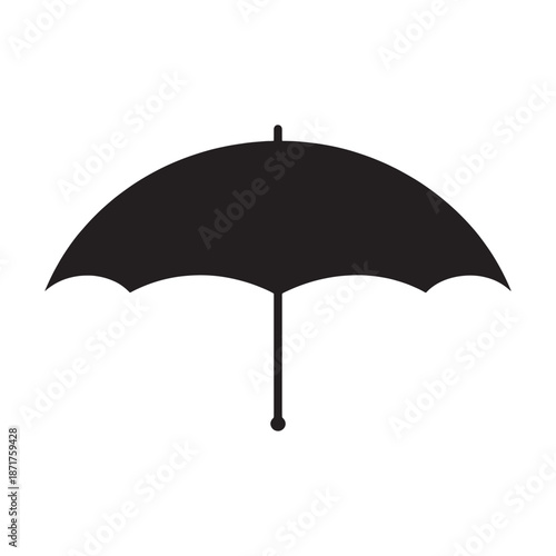 An open black umbrella isolated on a white background provides protection and shelter as a weather accessory for the rain or autumn season, featuring a classic handle design as a functional object