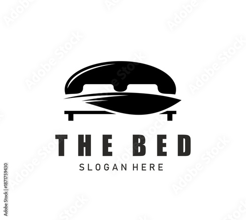 Modern bedstead bed icon, monochrome black couple bed silhouette with pillows and blanket. Vector emblem with bold text for furniture shop, bedroom interior, mattress brand, hotel or sleep product