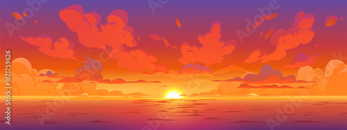Cartoon anime sunset sky background with glowing orange and pink clouds above the calm ocean horizon. Dramatic manga sunset with vivid orange cloud. Vector beautiful nature landscape, vivid cloudscape