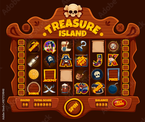 Online casino slot game board with pirate and corsair characters, vector gambling and piracy. Cartoon online casino slot machine with captain pirate, treasure map, chest and gold money spin reels