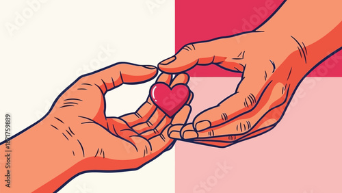 A person is giving a red heart-shaped object to another person in a gesture of kindness