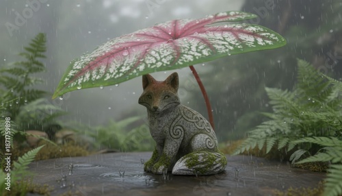 Fox figurine seeking shelter beneath large leaf in the rain, rendered in whim...