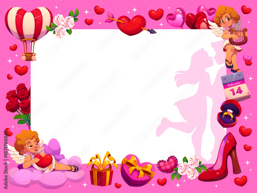 Fototapeta premium Valentines Day greeting card with loving couple silhouette and vector background frame of cartoon love hearts and romantic gifts. Cute Cupids characters, roses and balloons, Valentine greeting card