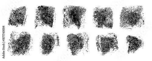 Collection of fingerprint icons for detective work. Ten different thumbprint patterns with detailed ridges. Police identification and criminal record verification set