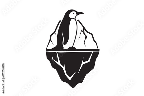 Penguin in iceber black silhouette on white background