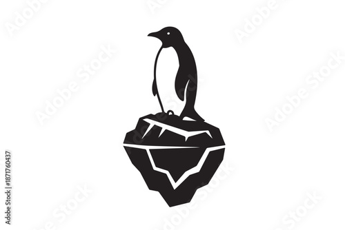 Penguin in iceber black silhouette on white background