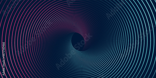Abstract blue background featuring smooth concentric curved lines forming a tunnel-like spiral. The modern geometric design creates a sense of depth, motion, and technology,