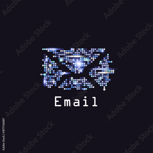 Digital email icon made of glowing pixels on dark background. Futuristic communication concept for secure messaging, data technology, and information network for professional business themes. 