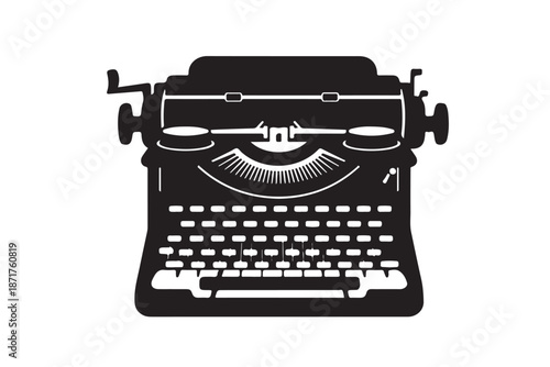 Classic vintage typewriter machine black silhouette isolated on white background