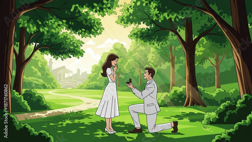 Man Proposing to Woman in White Dress Kneeling on One Knee in Lush Green Park with Trees