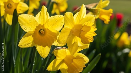 Daffodils blooming brightly, vibrant yellow spring flower garden setting.