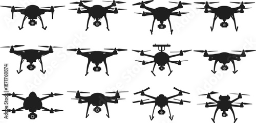 Flat vector illustration of black drone silhouettes with cameras, quadcopter and hexa copter aerial devices, drone technology icons, aerial photography drones, remote control flying machines