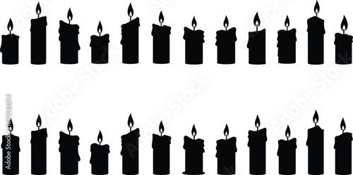 Flat vector illustration of burning candles silhouette, wax candles with flame, romantic decoration, spiritual light, cozy atmosphere icons