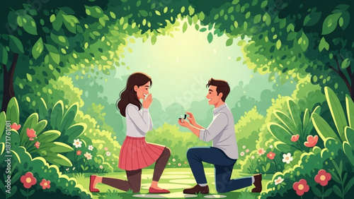 Man Proposing to Woman in Garden with Ring, Kneeling on One Knee, Cartoon Style