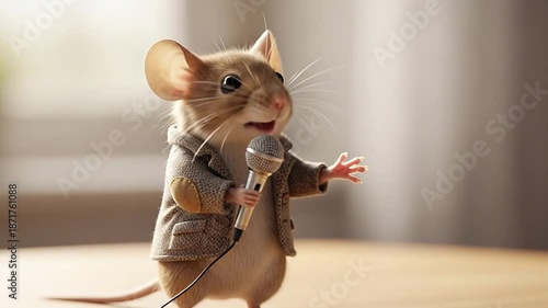 Anthropomorphic mouse holding miniature microphone, high key portrait
