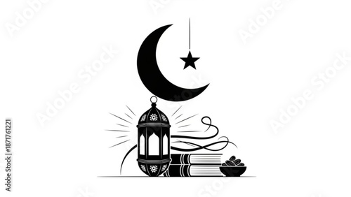 Black and white illustration of crescent moon star lantern book and dates for ramadan or islamic holiday decoration or greeting card design element