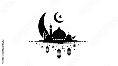 Islamic mosque silhouette with crescent moon and stars vector illustration for ramadan and eid celebrations with muslim and religion and faith