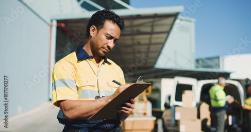 Cuadro en lienzo Logistics, clipboard and writing with delivery man outdoor for supply chain, cargo checklist and export