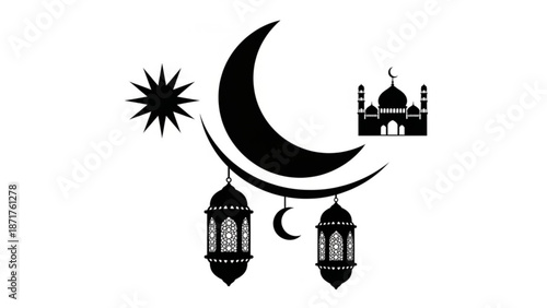 Islamic crescent moon and star symbol with mosque and lanterns on white background for ramadan or eid celebrations with religion and faith and culture