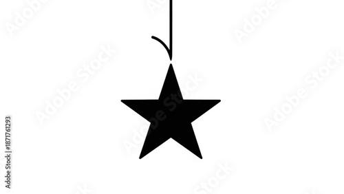 A black star shape hanging from a string on a white background for decoration or design with hanging star and design element and icon and illustration