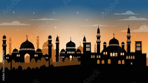 Islamic City Skyline Silhouette at Sunset with Mosques and Minarets