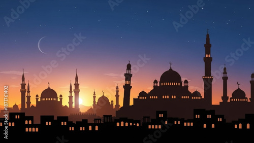 Mosque Silhouette at Sunset with Minarets and Domes, Crescent Moon in the Sky
