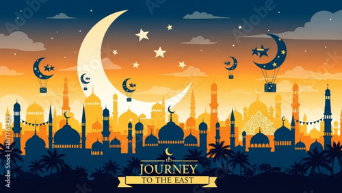 Crescent Moon over Islamic City Skyline at Sunset, Journey to the East Illustration