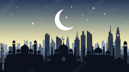 Islamic City Skyline Silhouette with Crescent Moon and Stars at Night