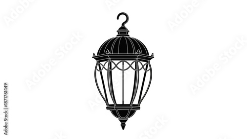 Black metal lantern with glass panels and ornate details hanging from a hook on a white background with hanging lantern and ornate lantern and vintage lantern