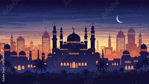 Islamic Mosque Silhouette at Sunset with Crescent Moon in Desert Sky