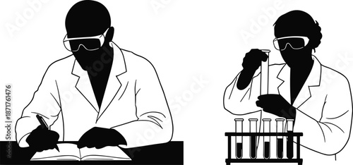 Flat vector illustration of scientists in laboratory, conducting experiments, writing notes, wearing lab coats and safety goggles, research concept