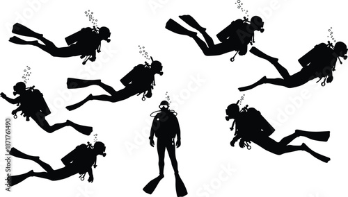 Flat vector illustration of scuba divers underwater, scuba diving silhouette group, underwater exploration activity, ocean diving adventure, marine diving sport