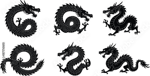 Flat vector illustration of traditional Chinese dragon silhouettes, mythical creature designs, fantasy animal icons, oriental folklore symbols, cultural heritage art, Asian dragon graphics
