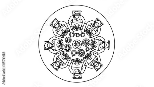 A black and white line drawing of people sitting around a table eating food in a circular formation with people eating and circular table and food illustration
