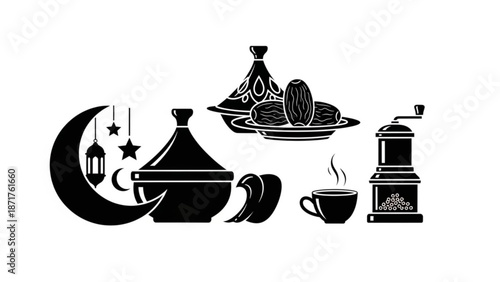 Black silhouette illustration of ramadan elements including crescent moon stars lantern dates coffee cup and teapot on white background with Islamic