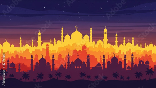 Islamic City Skyline at Sunset with Mosques and Minarets Silhouetted against Orange Sky