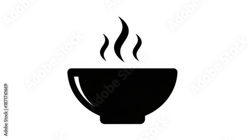 A steaming hot cup of coffee or tea in a simple black silhouette on a white background for design and culinary use with graphic and icon and symbol