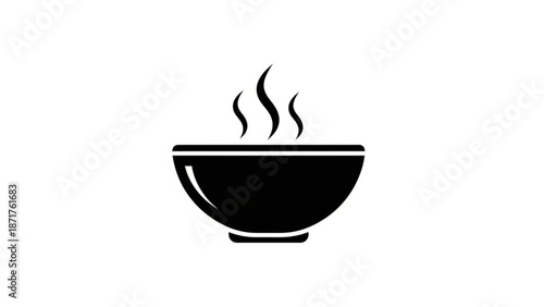 A steaming hot bowl of food or drink depicted in a simple black silhouette on a white background for culinary or meal concepts with icon and graphic